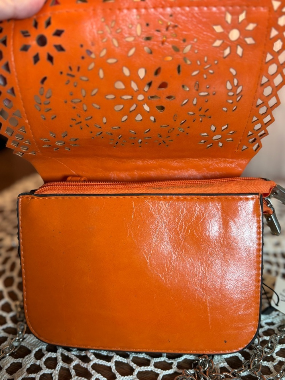 Victoria Leland Design Orange Laser-Cut Leather Crossbody Bag with Chain Strap - Picture 2 of 7